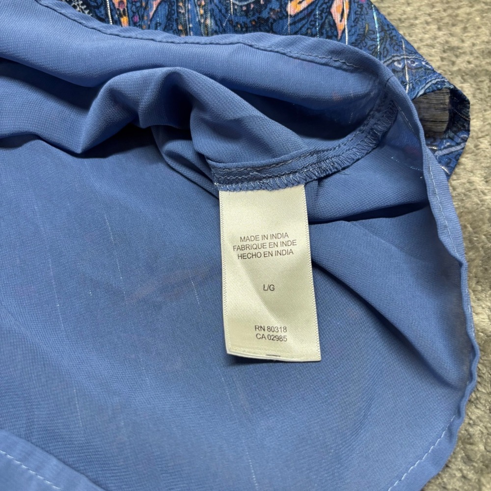 Lucky Brand Blue Paisley Metallic Lurex Tassel Flutter Sleeve Blouse Large - Picture 5 of 6